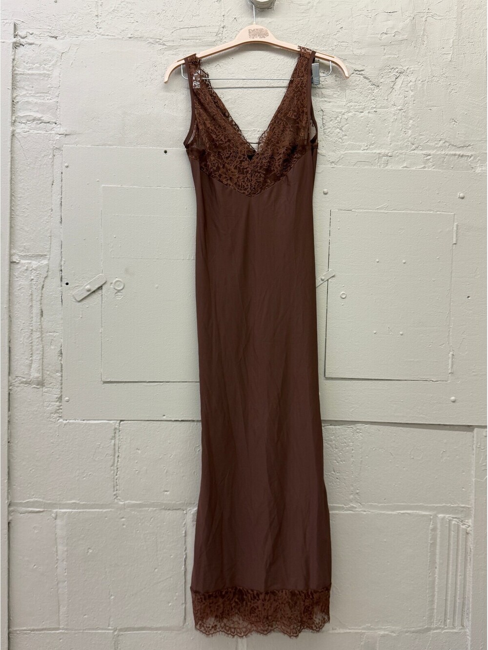 NWOT Shein Haute Brown Lace Trim Maxi Slip Dress